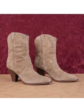 Veronica Beard Women Cody Tan Suede Western Heel Pointy Ankle Boots sz 7.5